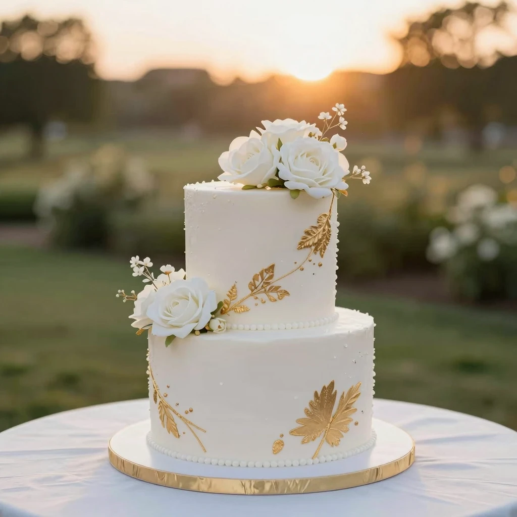 A stylish wedding cake with white flowers and gold accents o...