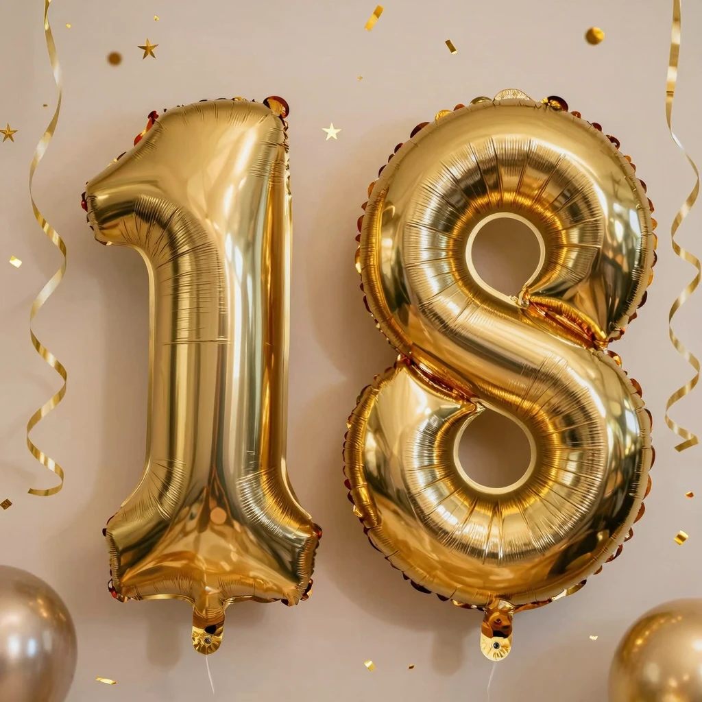 A festive 18th birthday celebration scene with golden balloo...