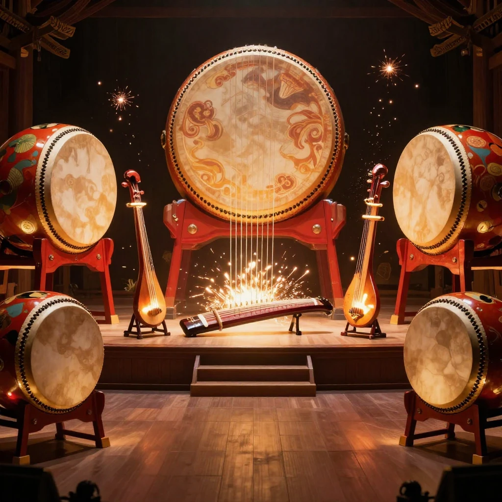 Giant, luminous Taiko drums and glowing Koto strings arrange...