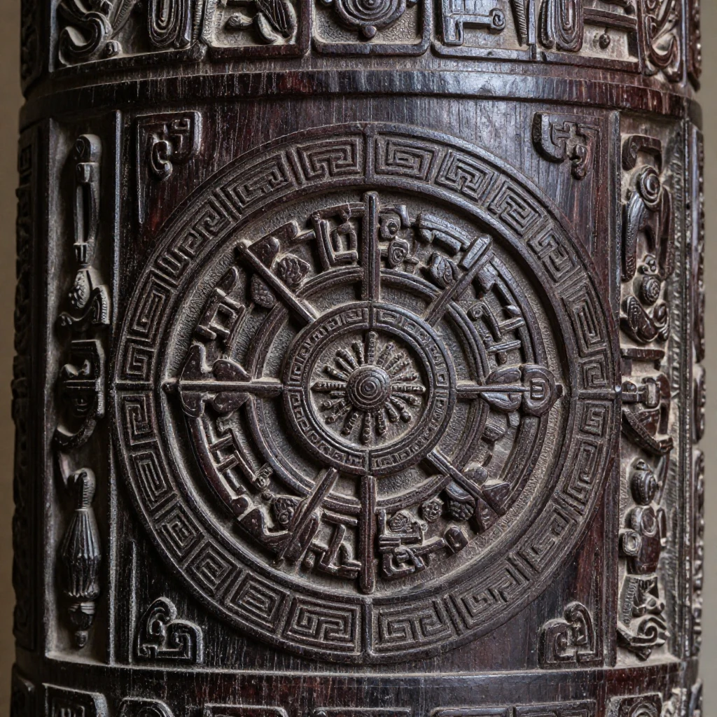 Close-up of a dark wood and stone sculpture, intricately car...