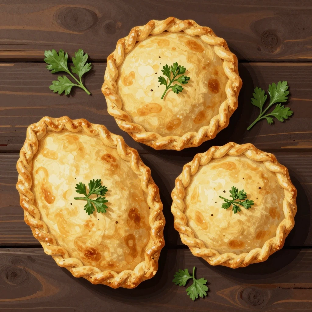 Top-down view of three Ossetian pies on dark wooden surface,...