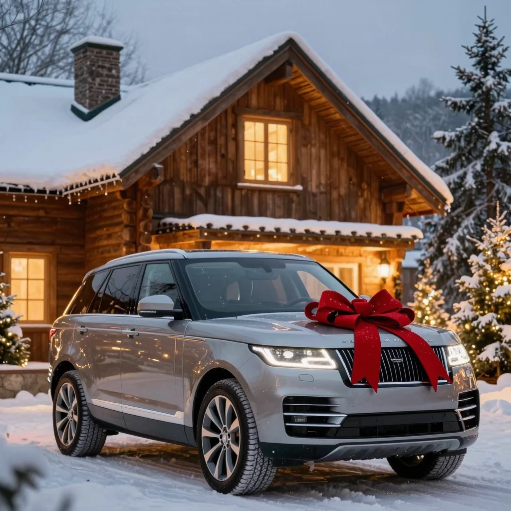 Magical Christmas atmosphere, luxury SUV with red bow, snowy...