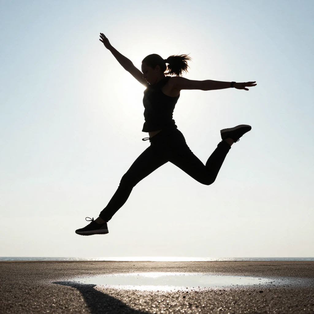 A silhouette of a person mid-air, jumping over a small obsta...