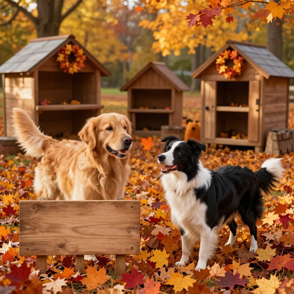 A vibrant autumn scene with a Golden Retriever and a Border ...