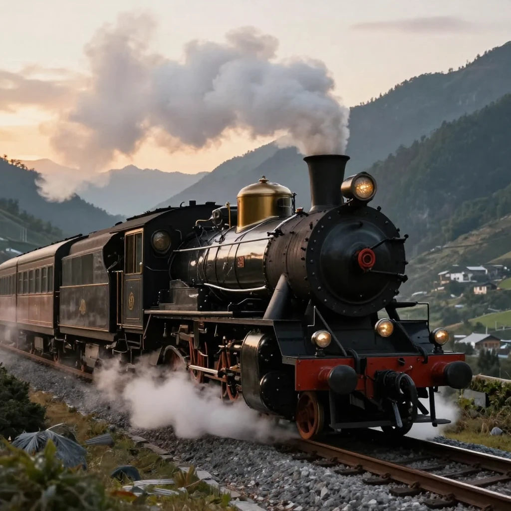 A majestic vintage steam train, black and polished, emitting...