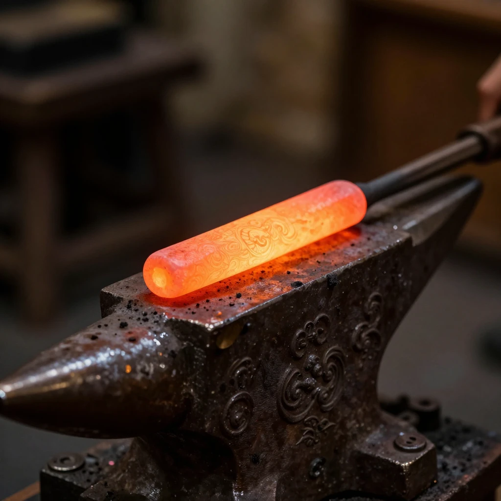 Close-up of red-hot ornate iron on an anvil with realistic t...
