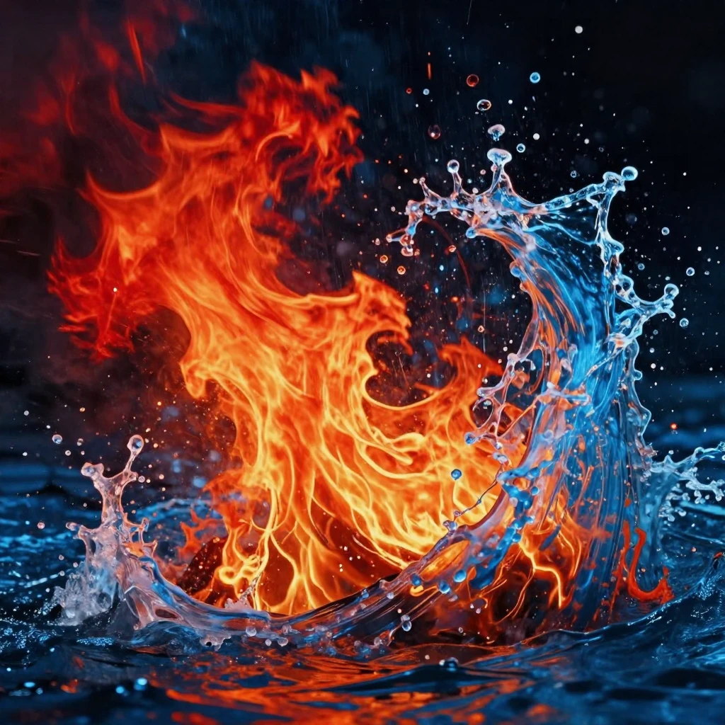 A dramatic artistic depiction of fire and water elements cla...