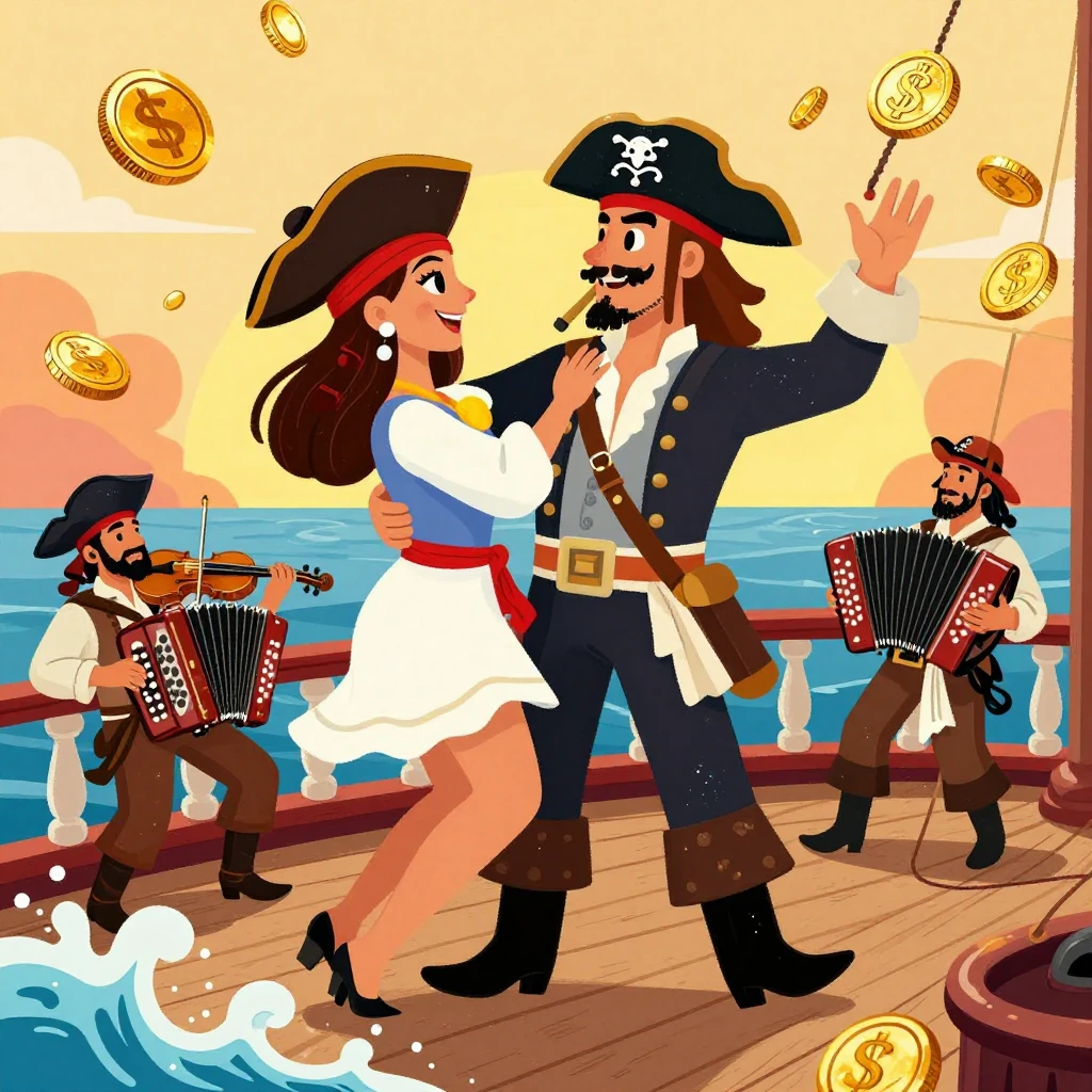Folk art style pirates dancing on a ship deck, golden coins ...