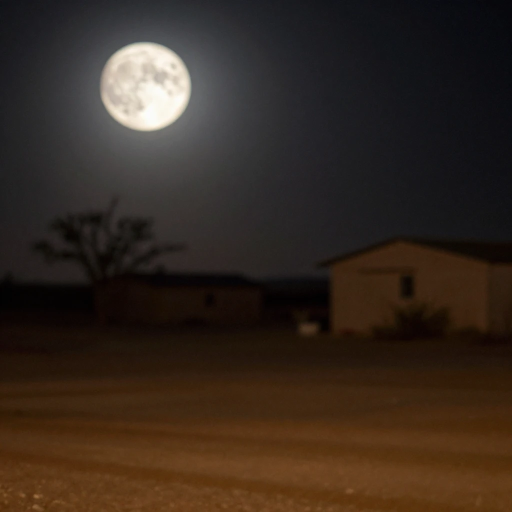 Blurry Texas desert at night with a giant glowing moon. Grit...