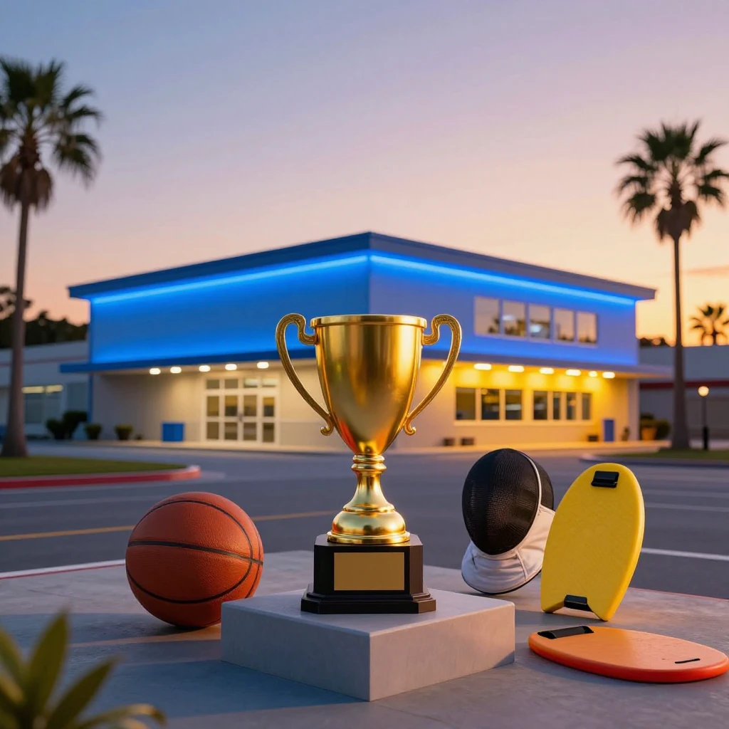A cinematic wide shot of a modern sports academy building at...