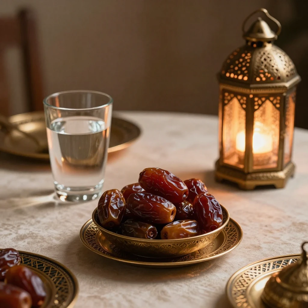 An elegant oriental table setting for Iftar, featuring a bow...
