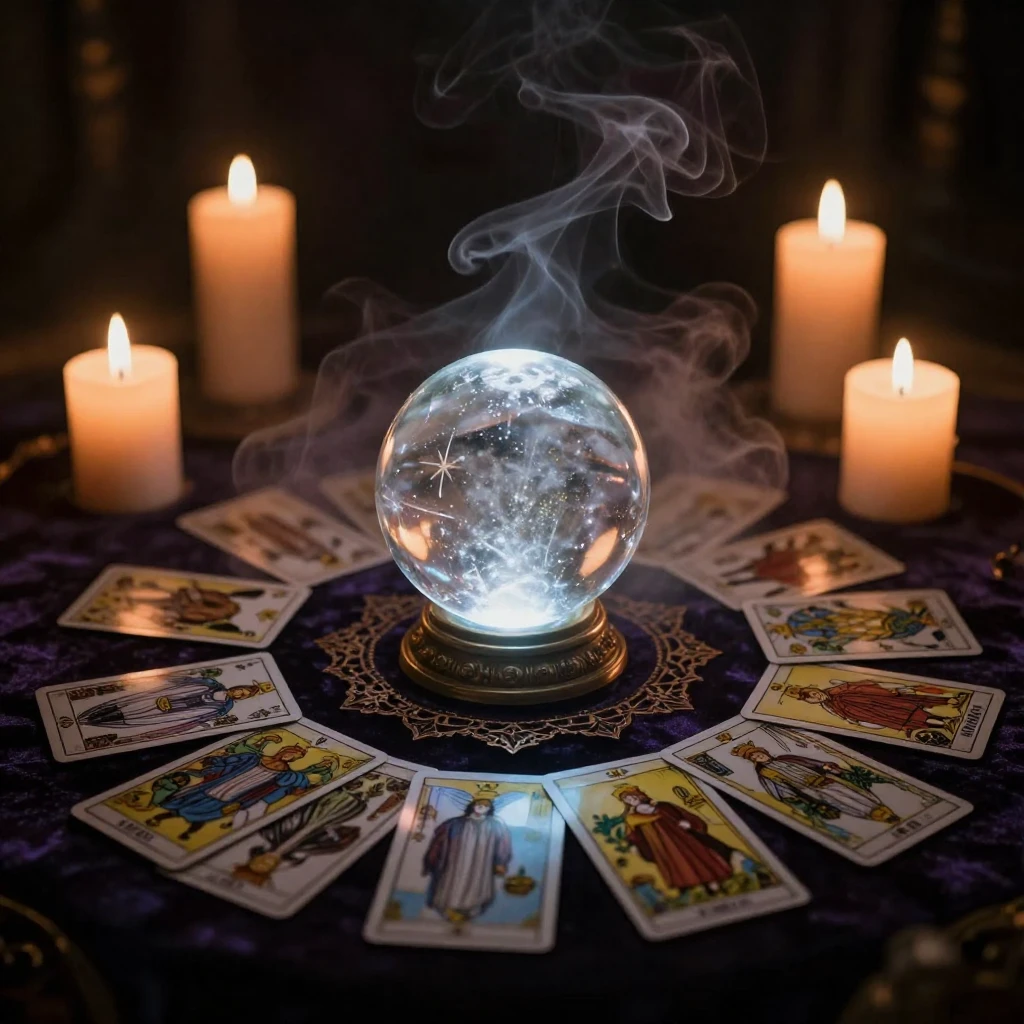 A mystical and atmospheric scene centered around a glowing c...