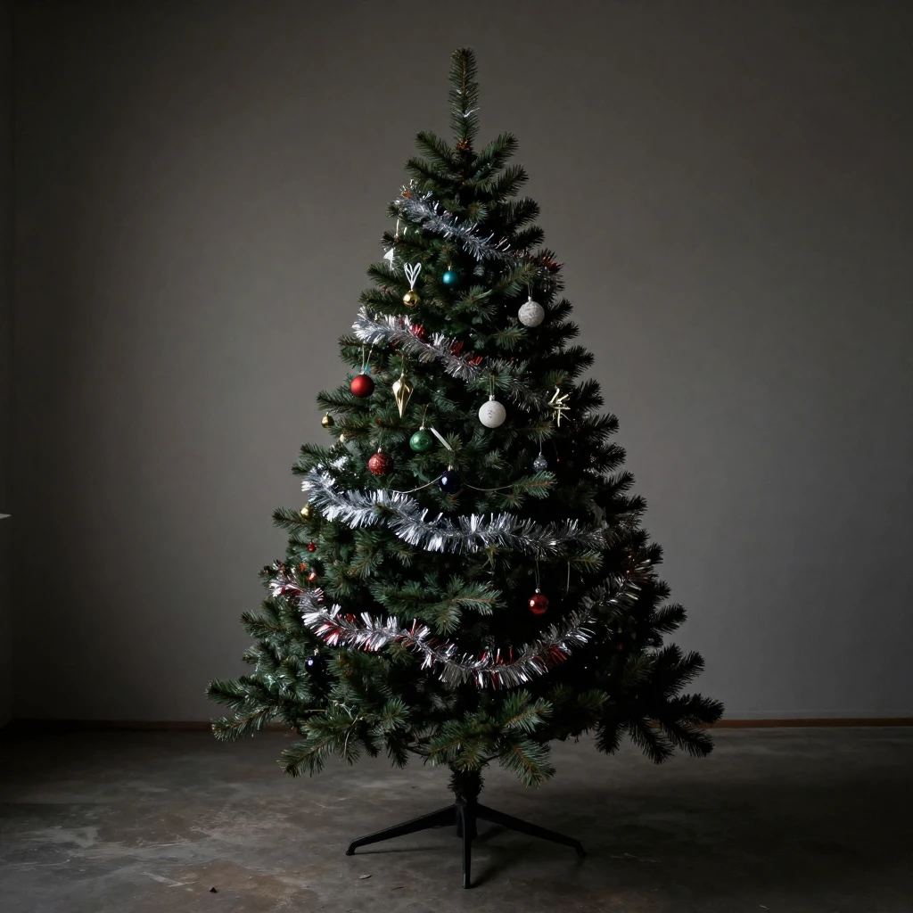 A lone, dying Christmas tree, heavily decorated with tinsel ...