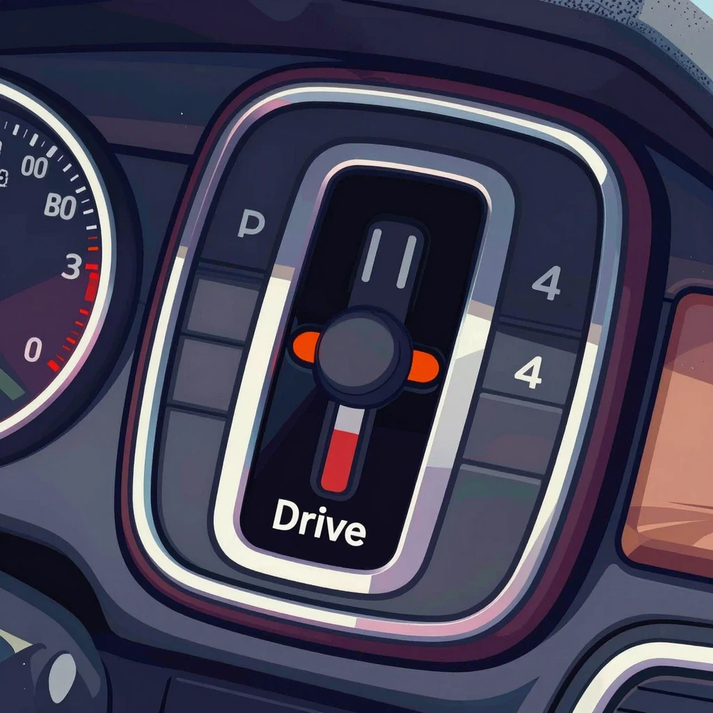 A close-up stylized view of a car dashboard showing the 'Dri...