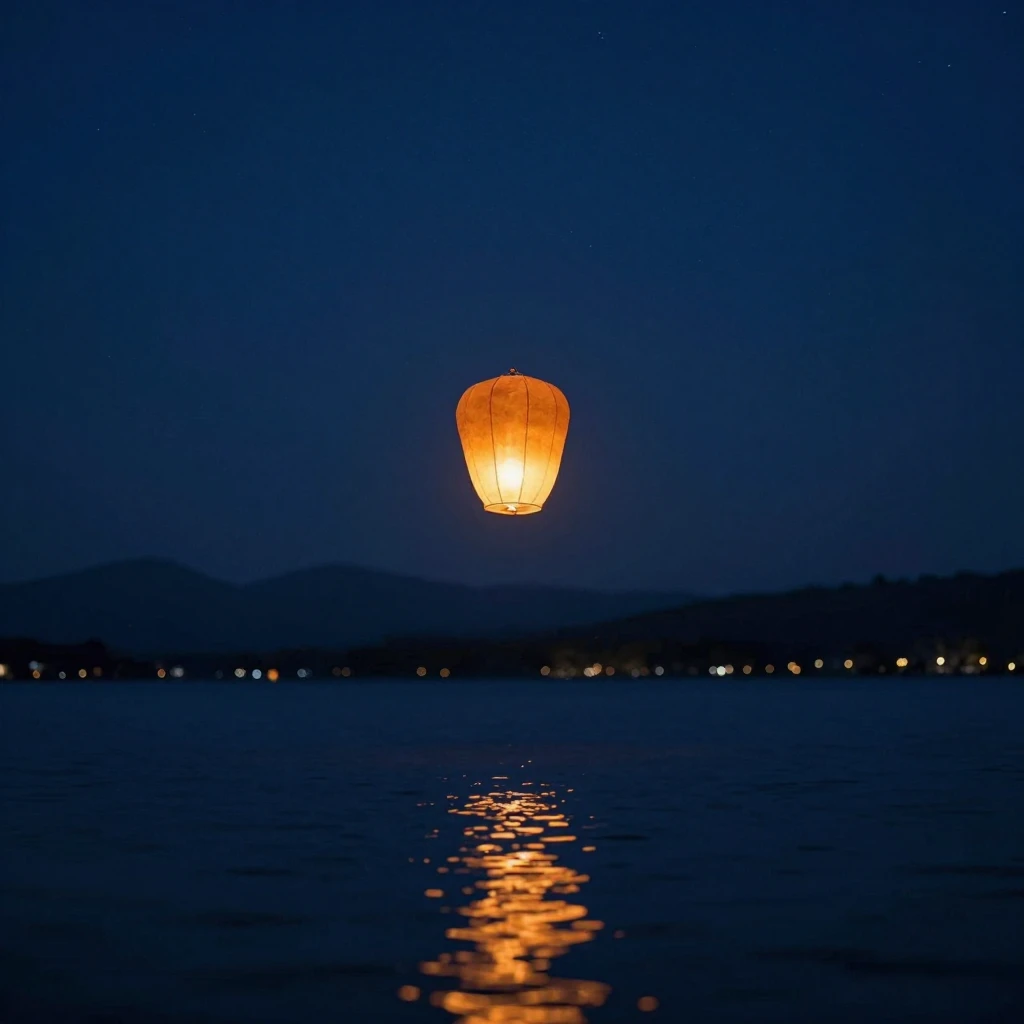 A peaceful night scene with a single warm glowing Chinese la...