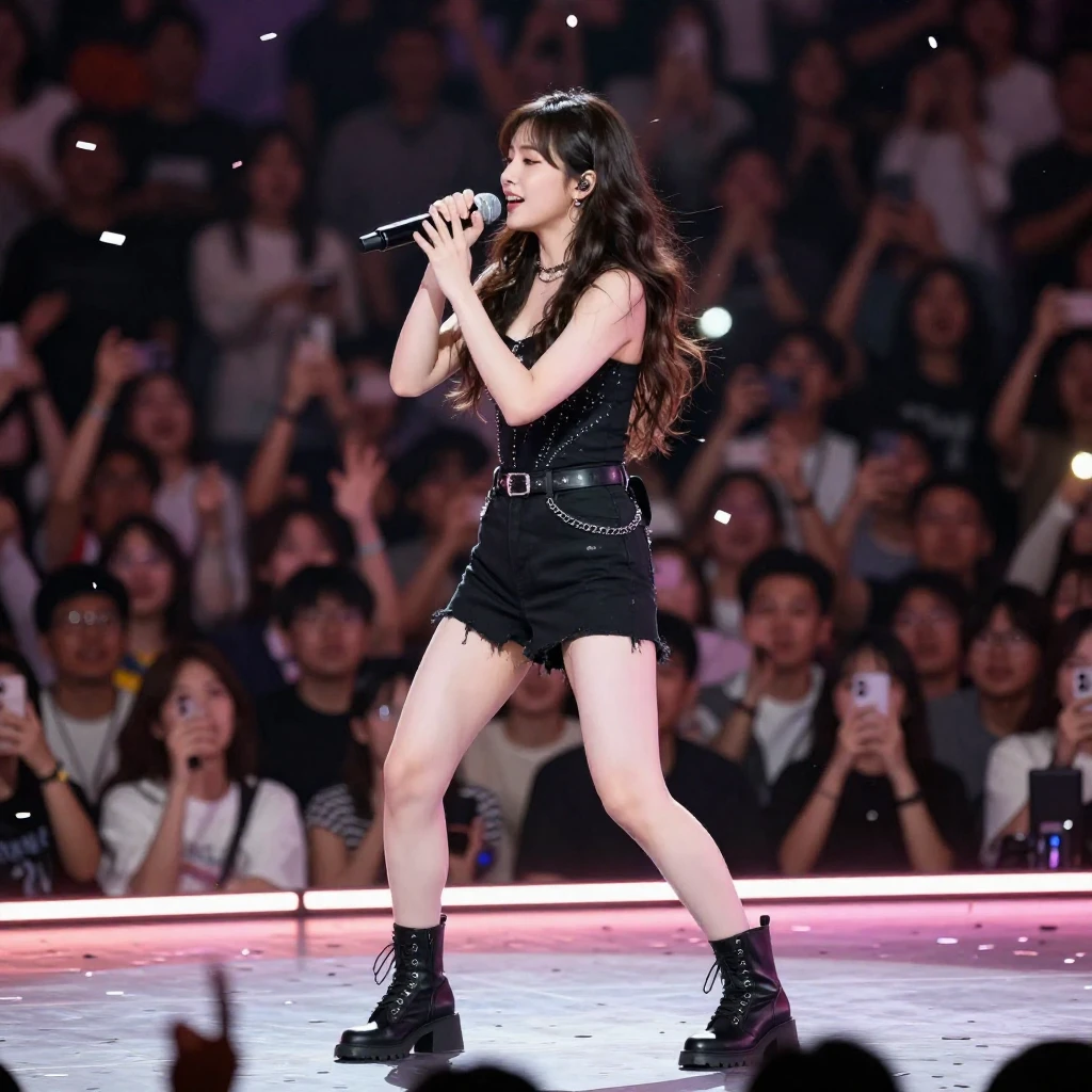 A charismatic female performer on a stage or elevated platfo...