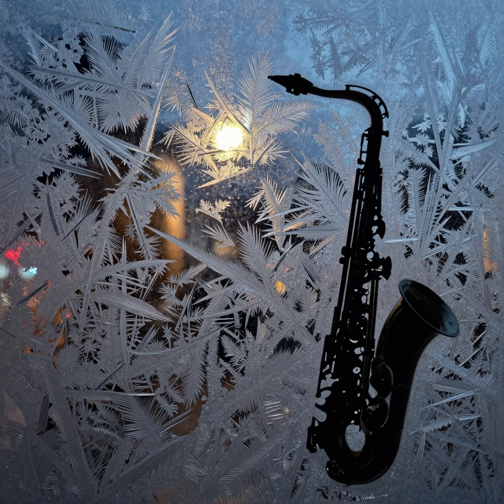 A close-up of a frosted window with intricate ice patterns, ...