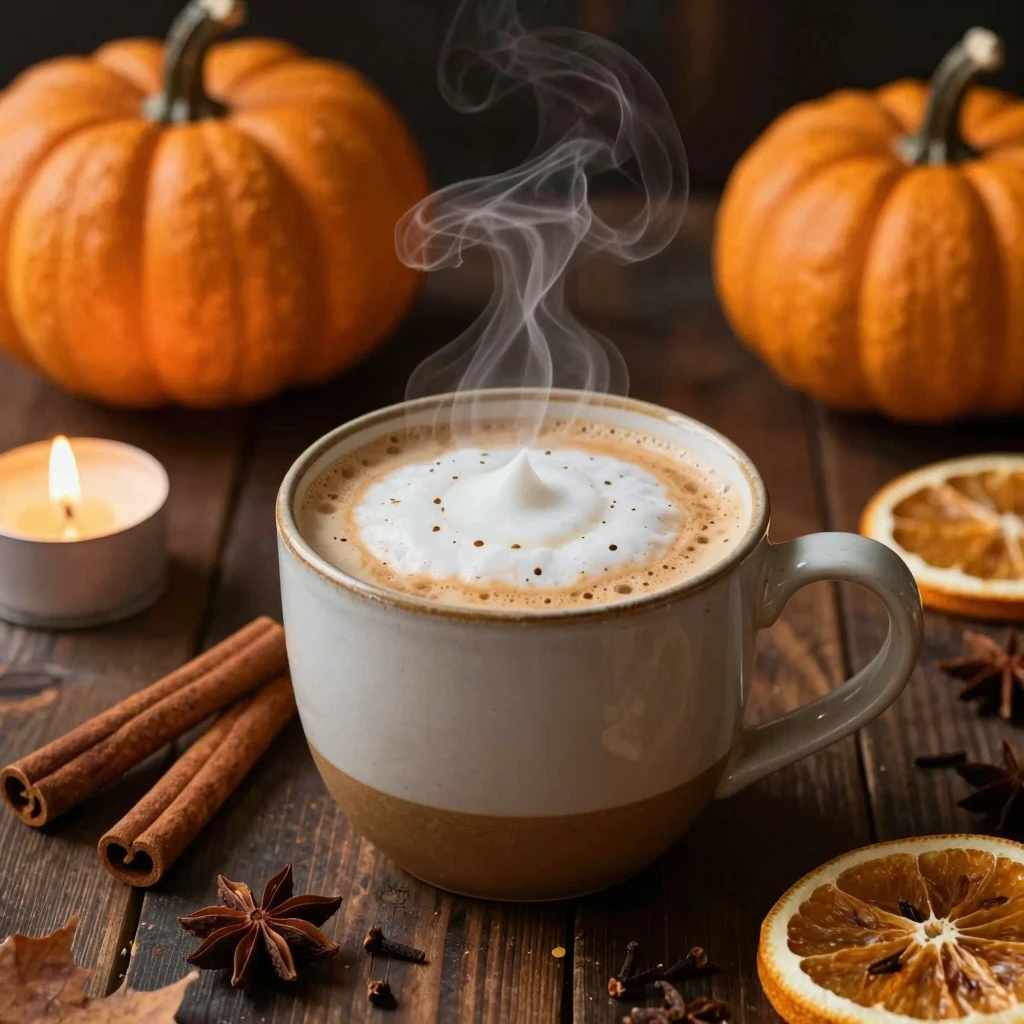 A steaming ceramic mug of pumpkin latte with creamy foam on ...