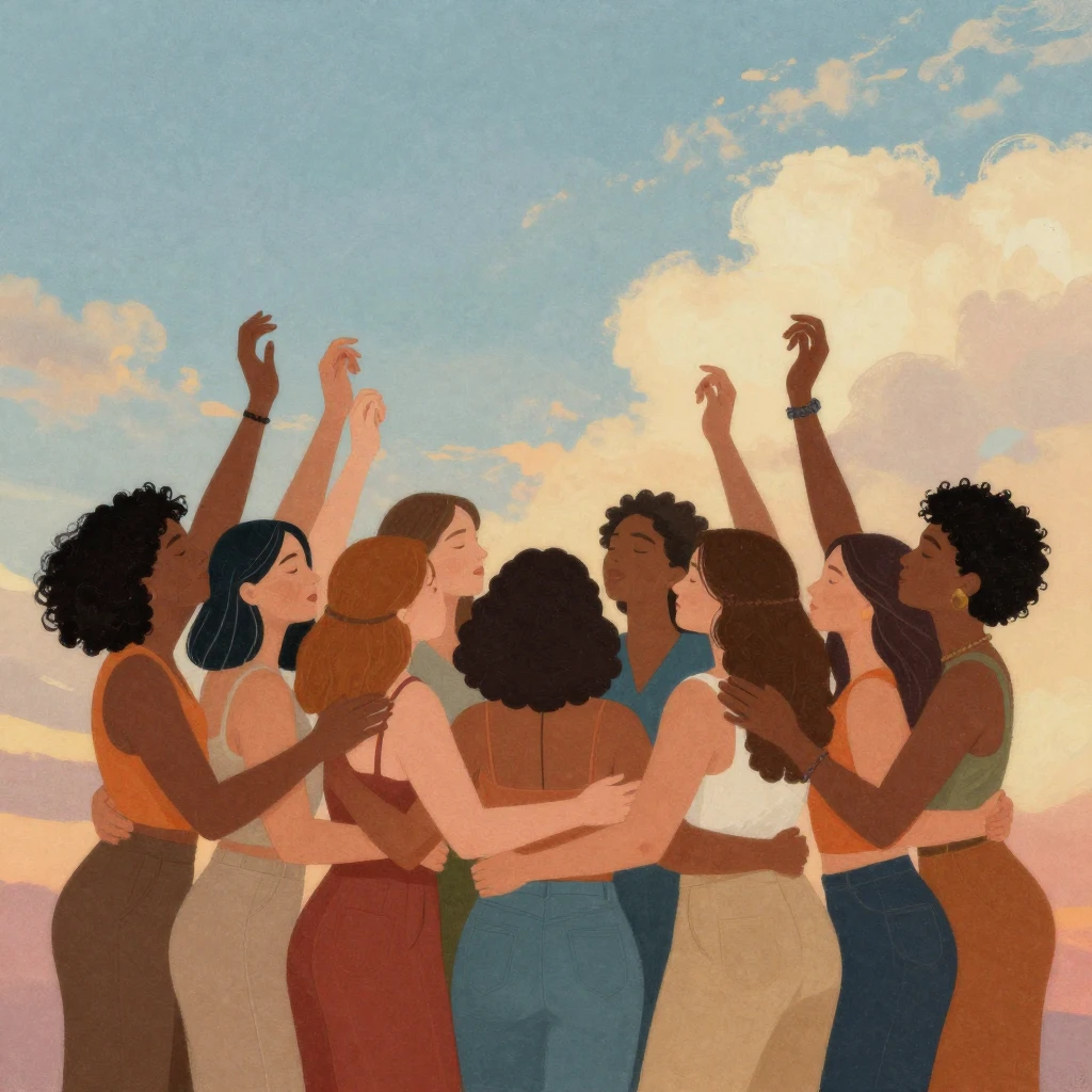 An artistic depiction of women embracing freedom and empower...