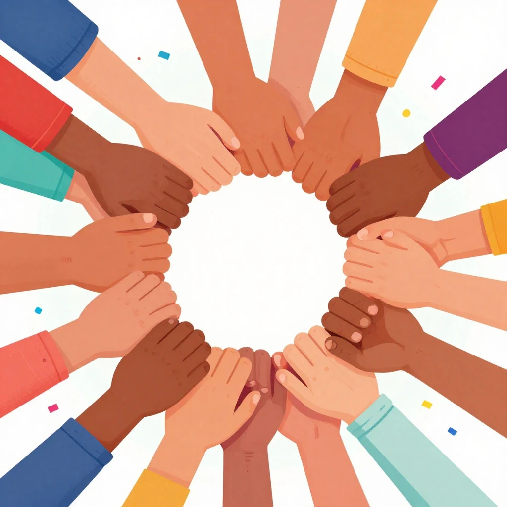 A vibrant, celebratory illustration of diverse hands clasped...