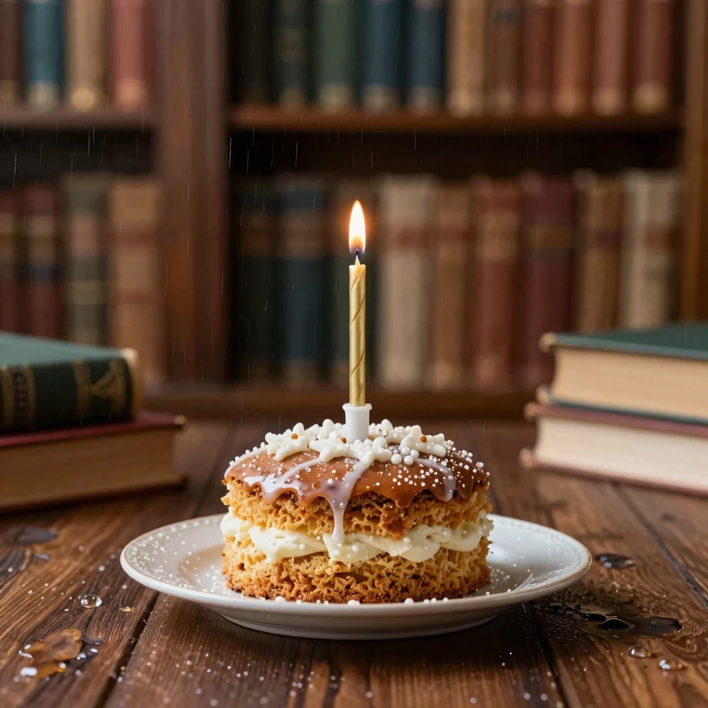 A festive cake with one candle on a wooden table, raindrops,...