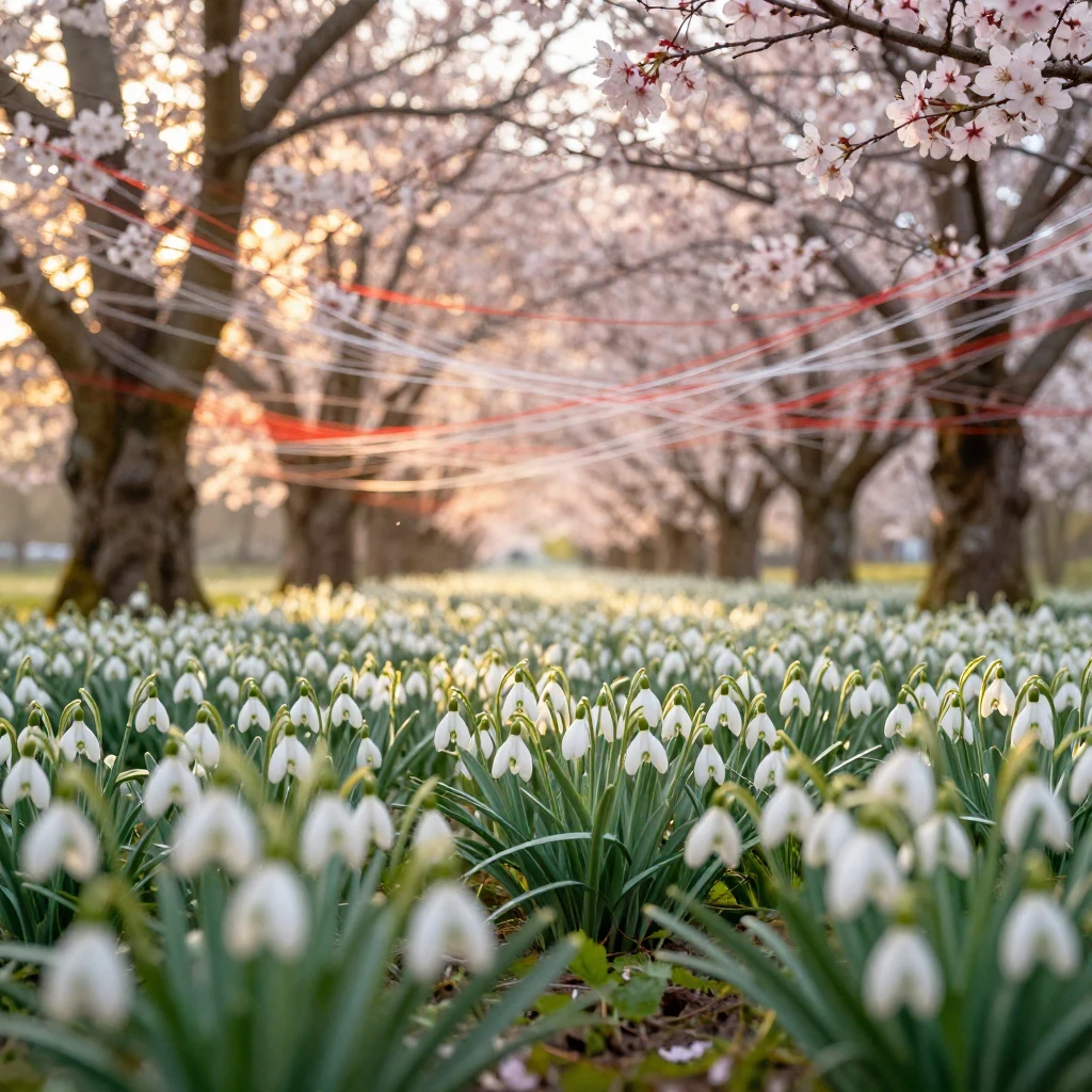 A magical spring forest with blooming snowdrops and cherry b...