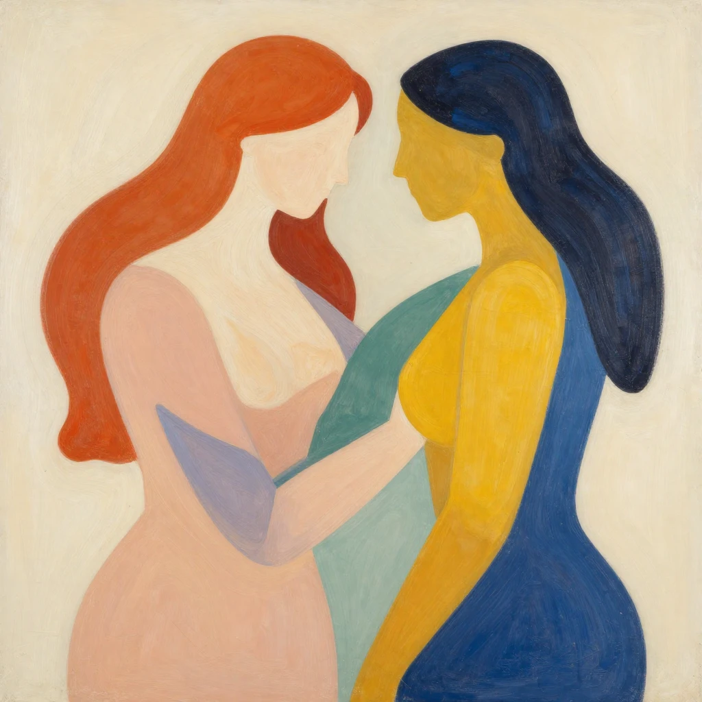 An abstract artistic representation of two intertwined figur...