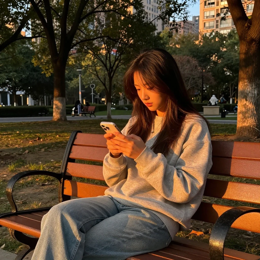 Golden hour lighting in a city park, a girl sitting on a ben...
