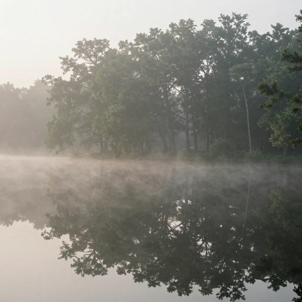 A tranquil scene of a misty morning lake with reflections of...