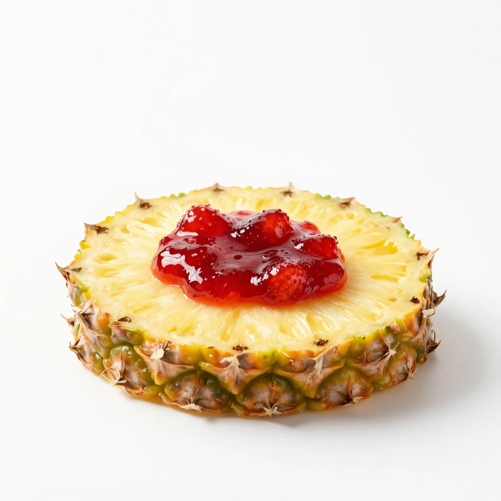 A slice of fresh pineapple topped with bright red strawberry...