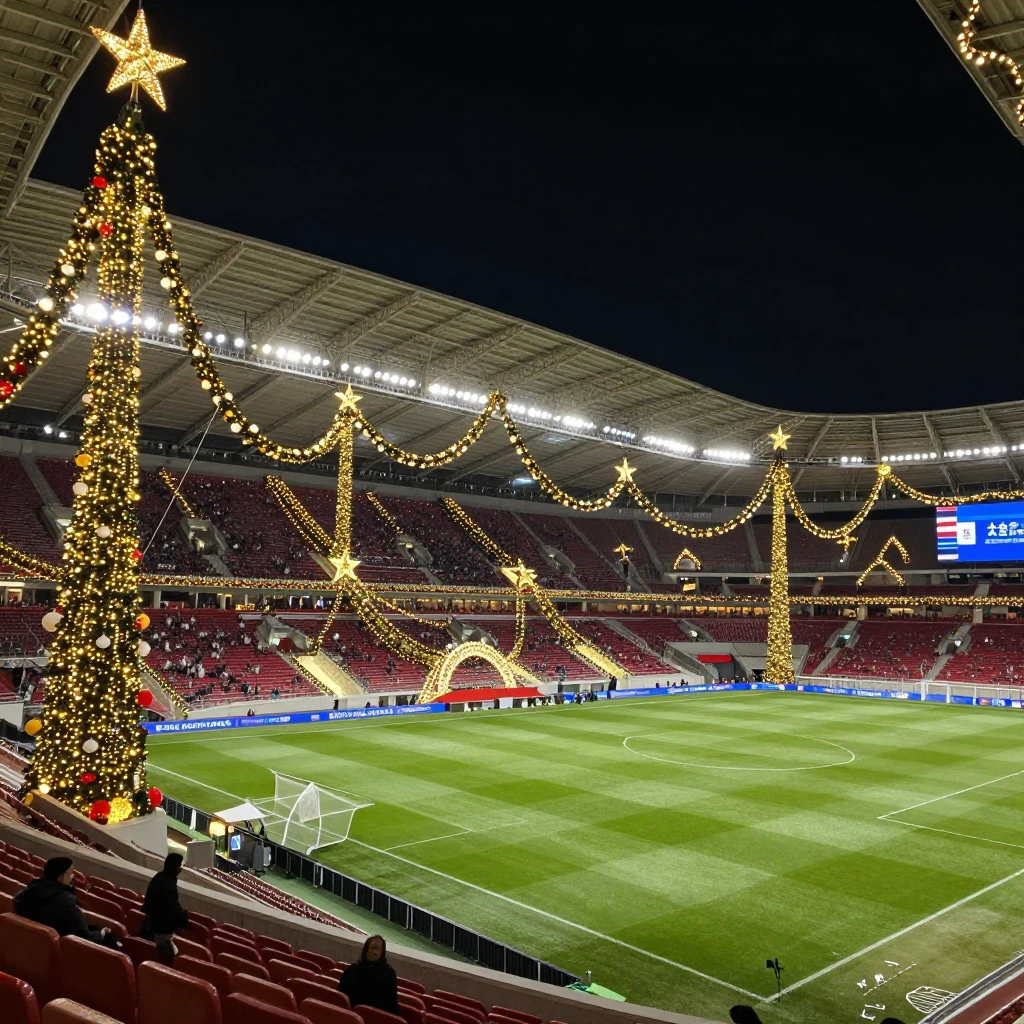 A majestic football stadium at night, decorated with giant C...