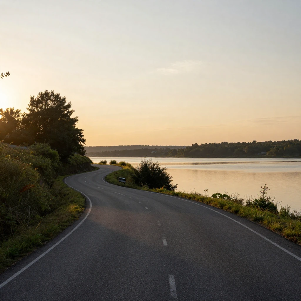 A peaceful natural scene with a winding road and a calm lake...