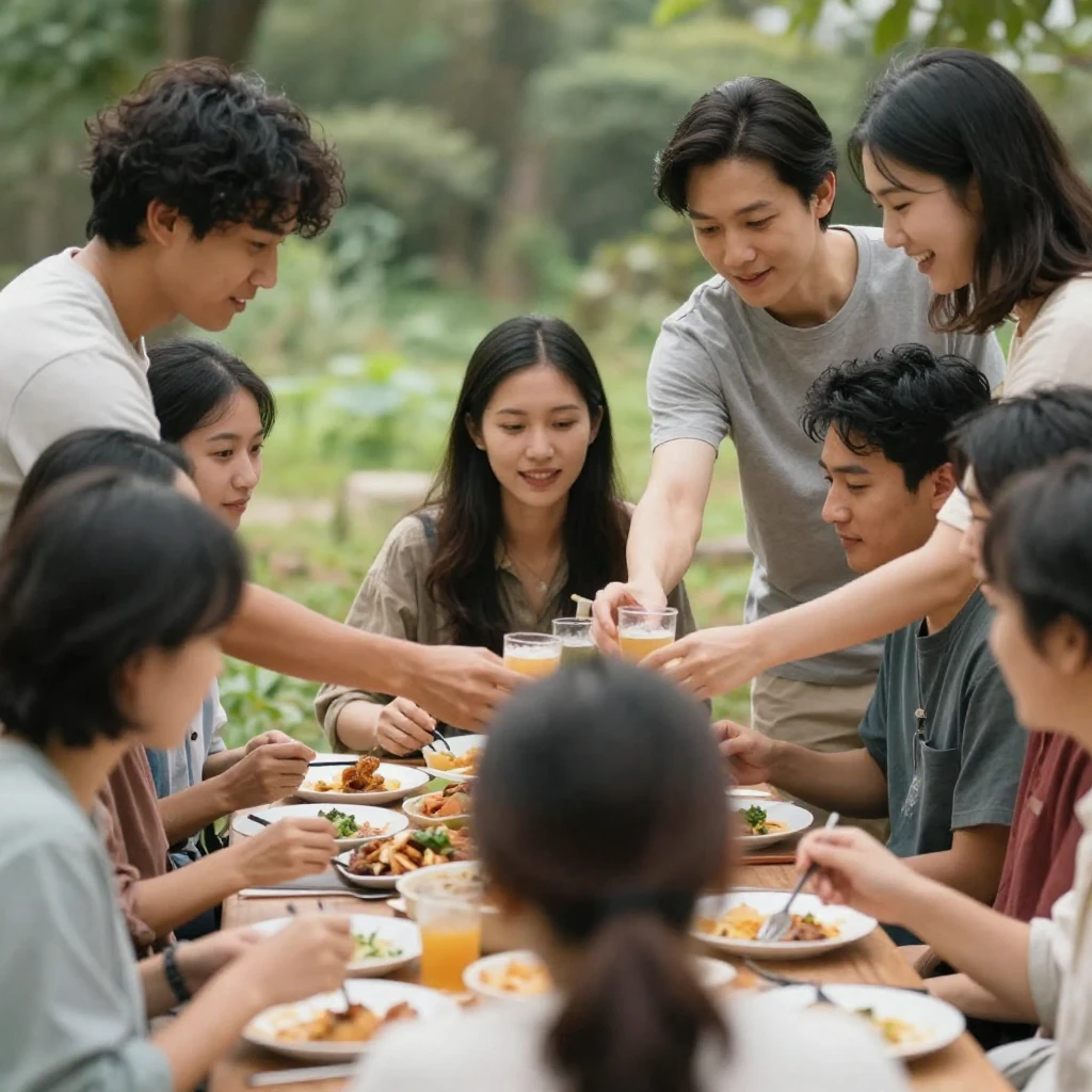 A diverse group of friends engaged in a supportive, caring a...