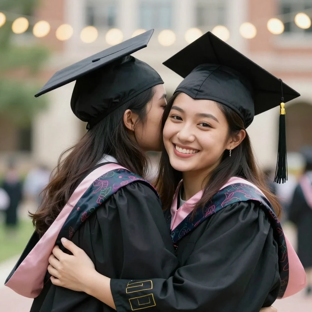 Two best friends, one graduating, embracing warmly with genu...
