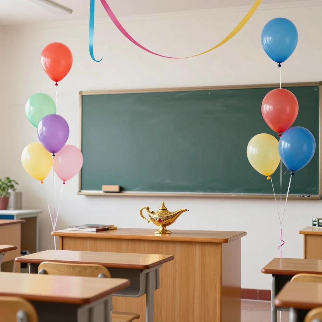 A classroom decorated for a party with colorful balloons and...