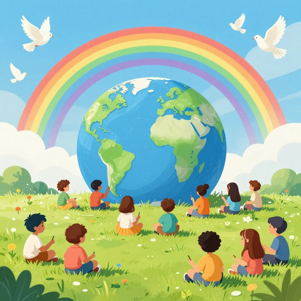 Naive art style illustration of diverse children sitting on ...