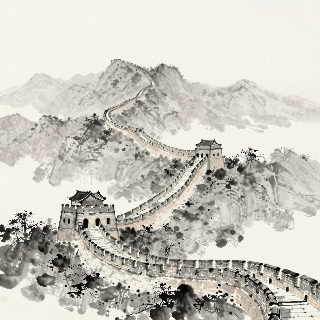 Minimalist traditional Chinese ink wash painting of the Grea...