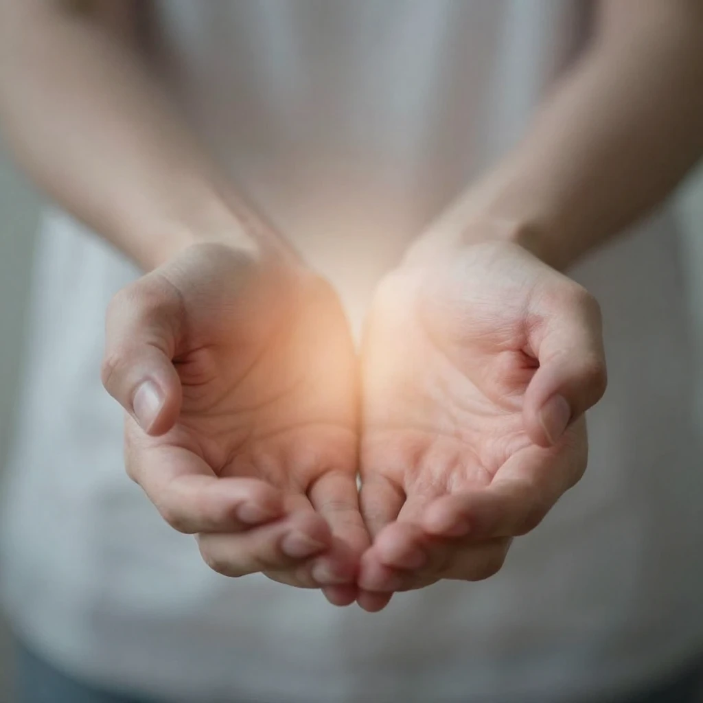 A figure with outstretched hands, appearing to give away a p...