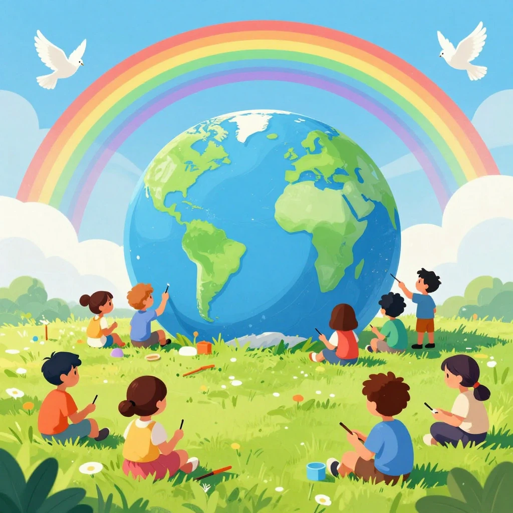 Naive art style illustration of diverse children sitting on ...