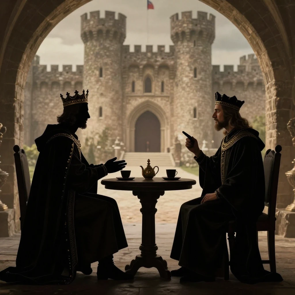 A stylized silhouette of a medieval king and a foreign ambas...