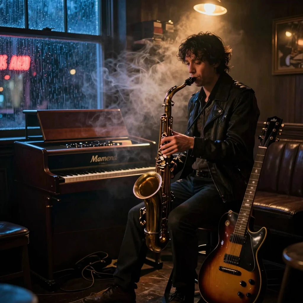 Cinematic shot of a dimly lit vintage jazz club at midnight,...