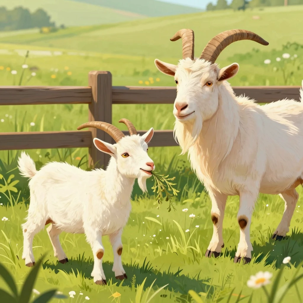 Folk art style illustration of two goats in a green meadow n...