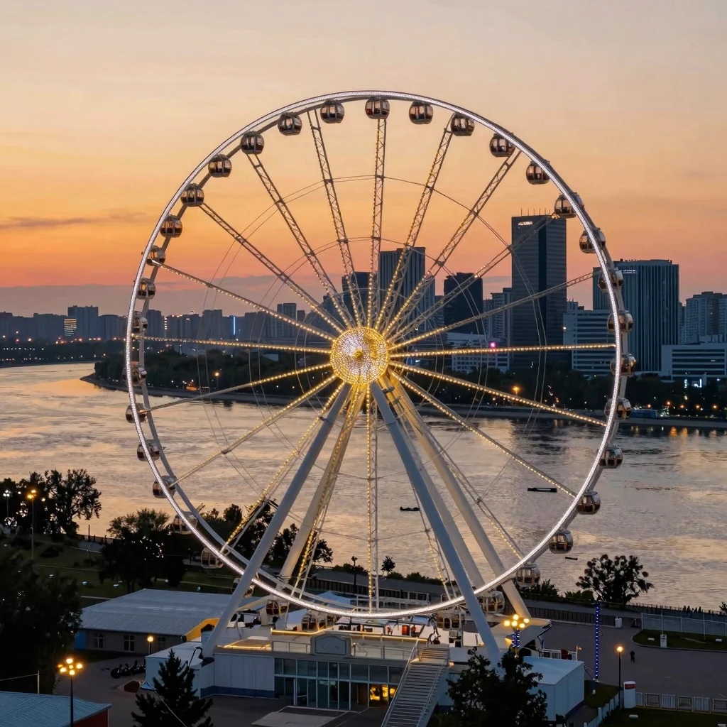 Ferris wheel view at sunset in Chelyabinsk, golden hour ligh...