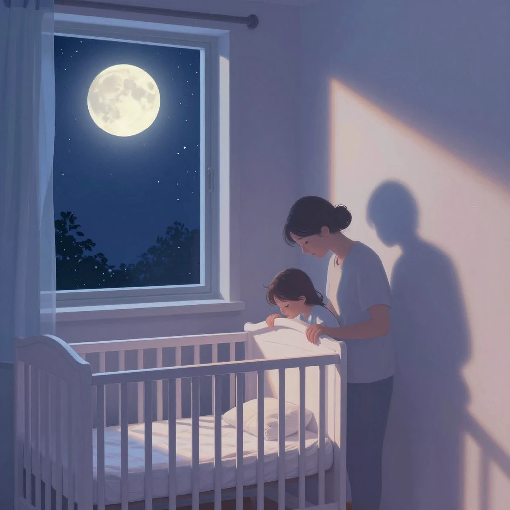 Artistic illustration of a peaceful nursery room at night, w...