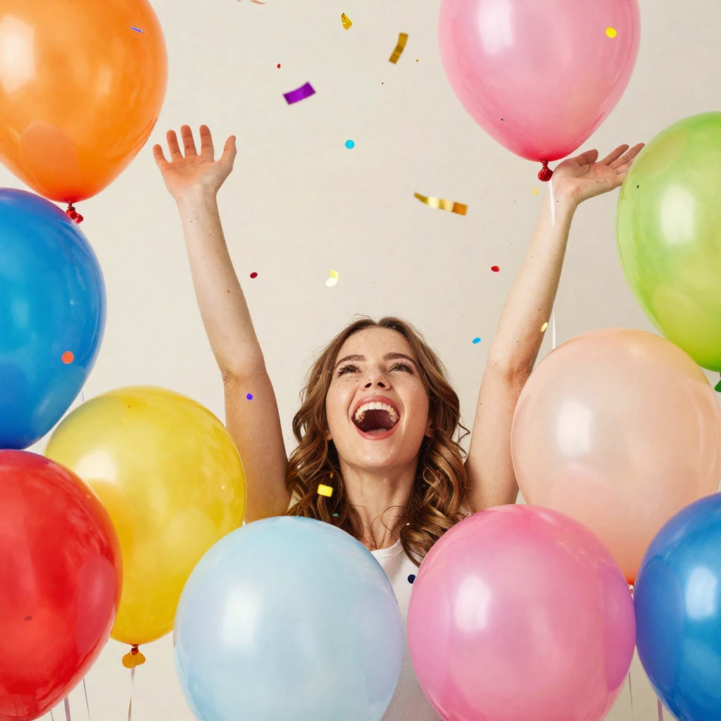 A vibrant, festive scene with confetti, balloons, and sparkl...