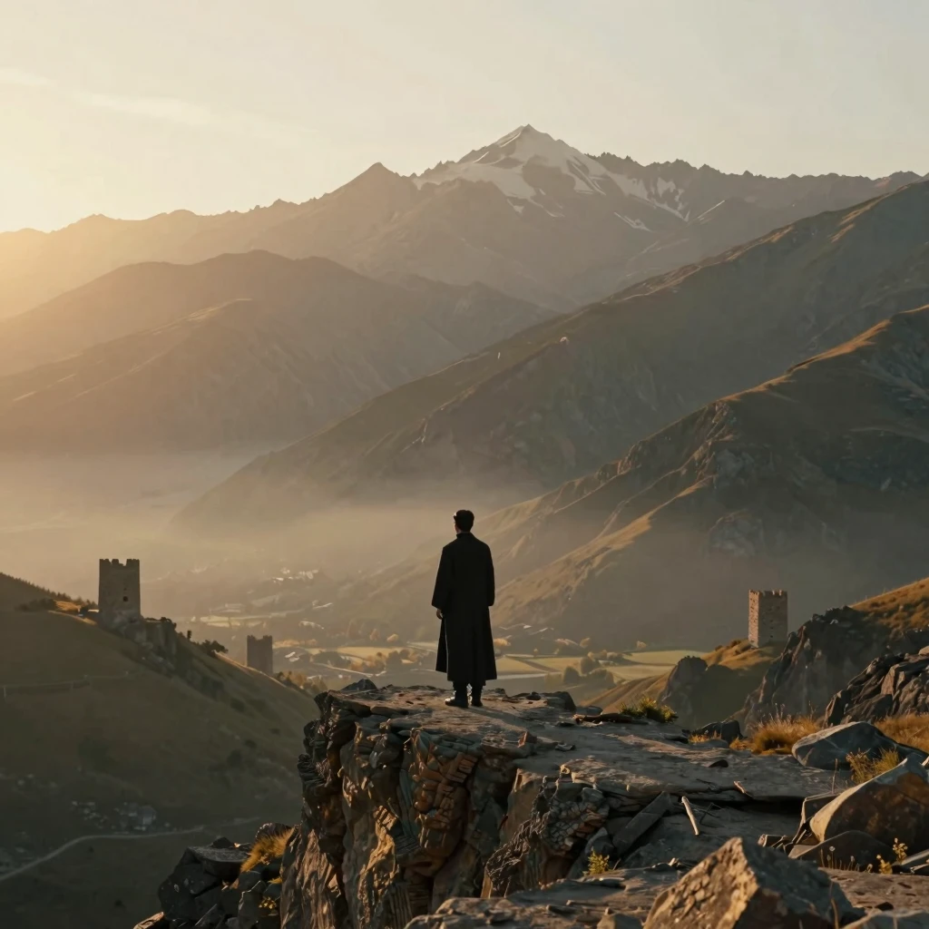 A majestic cinematic shot of a lone male opera singer standi...