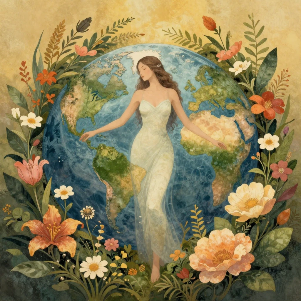 An artistic illustration symbolizing Mother Earth. A gracefu...
