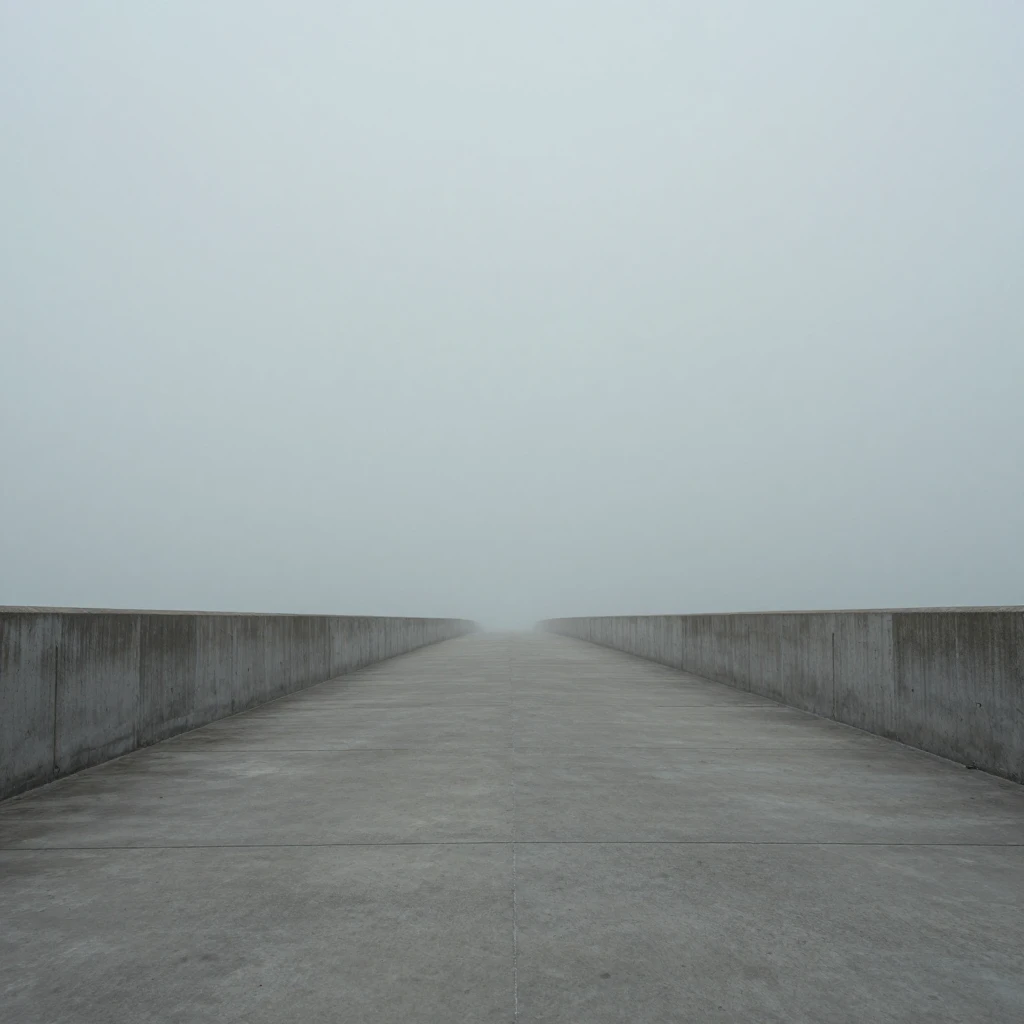 A cinematic 16:9 shot of a long, empty concrete bridge stret...
