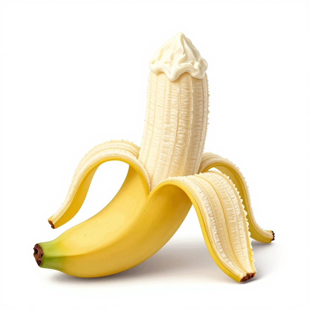 A peeled banana with a scoop of white cottage cheese, recipe...