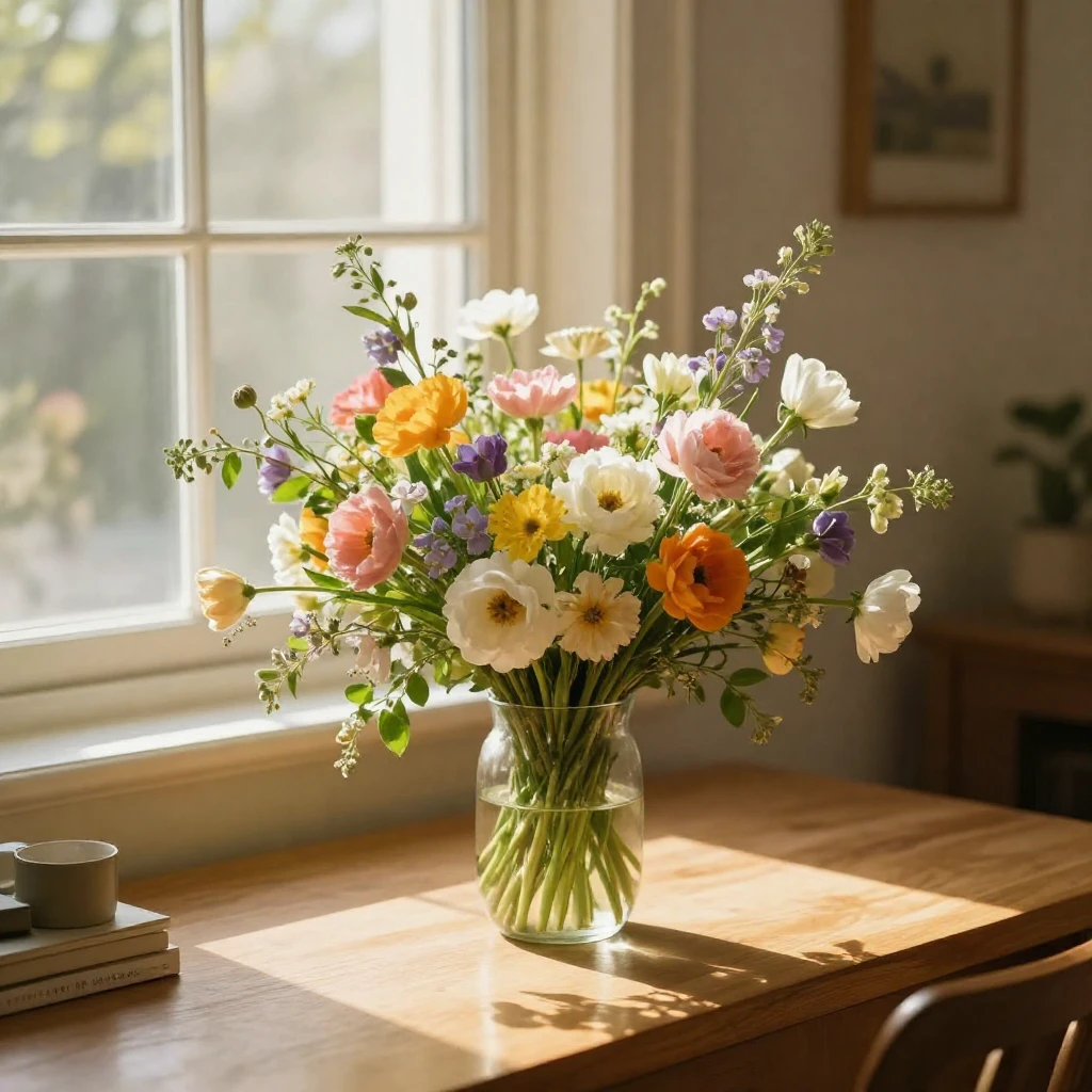 An elegant arrangement of a lush bouquet of spring flowers i...